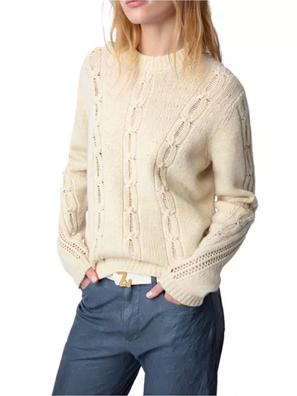 Zadig & Voltaire Morley Merino Wool Cable Knit Sweater women’s cream Medium.
